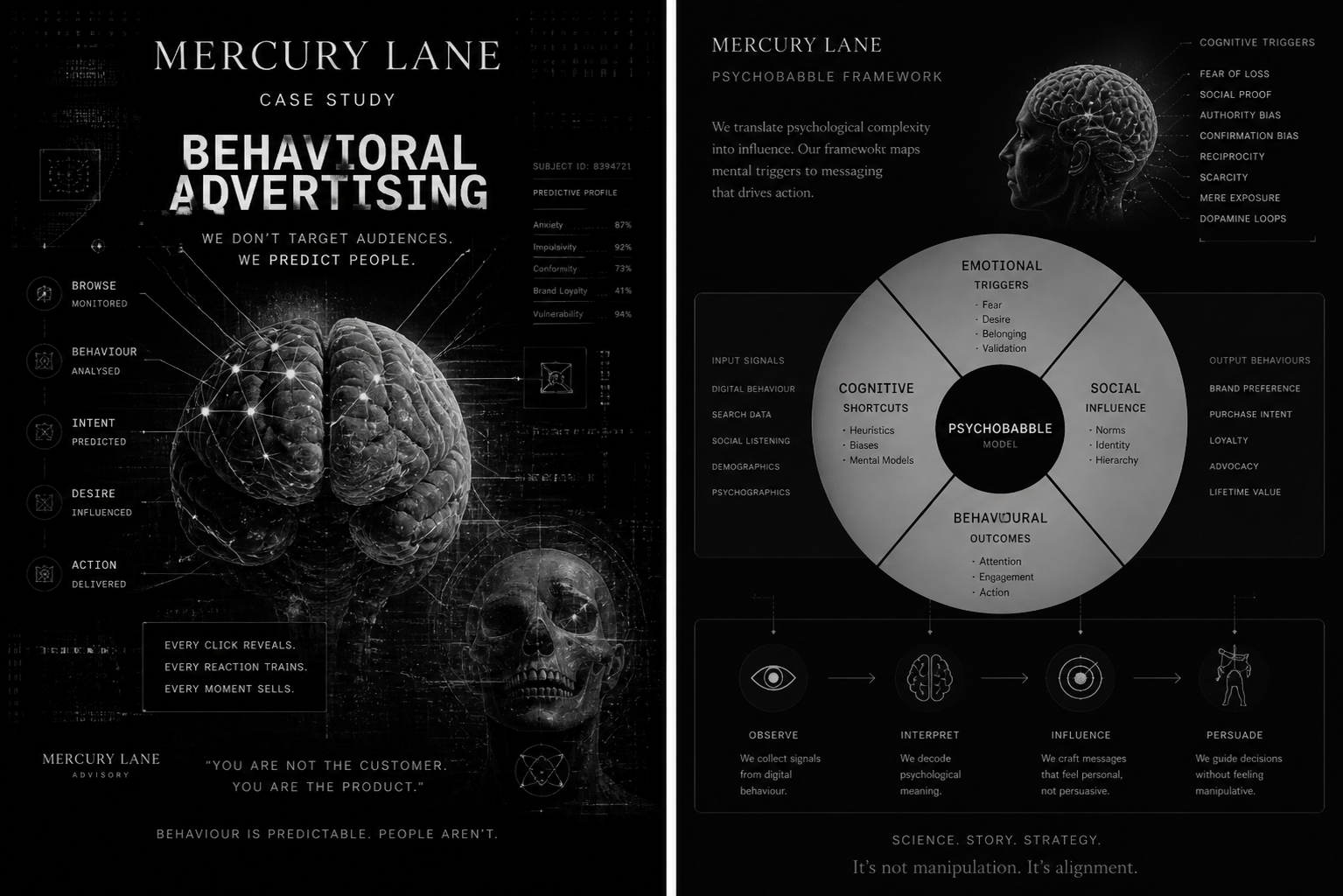 Mercury Lane behavioural advertising visual system featuring predictive profiling and psychological framework