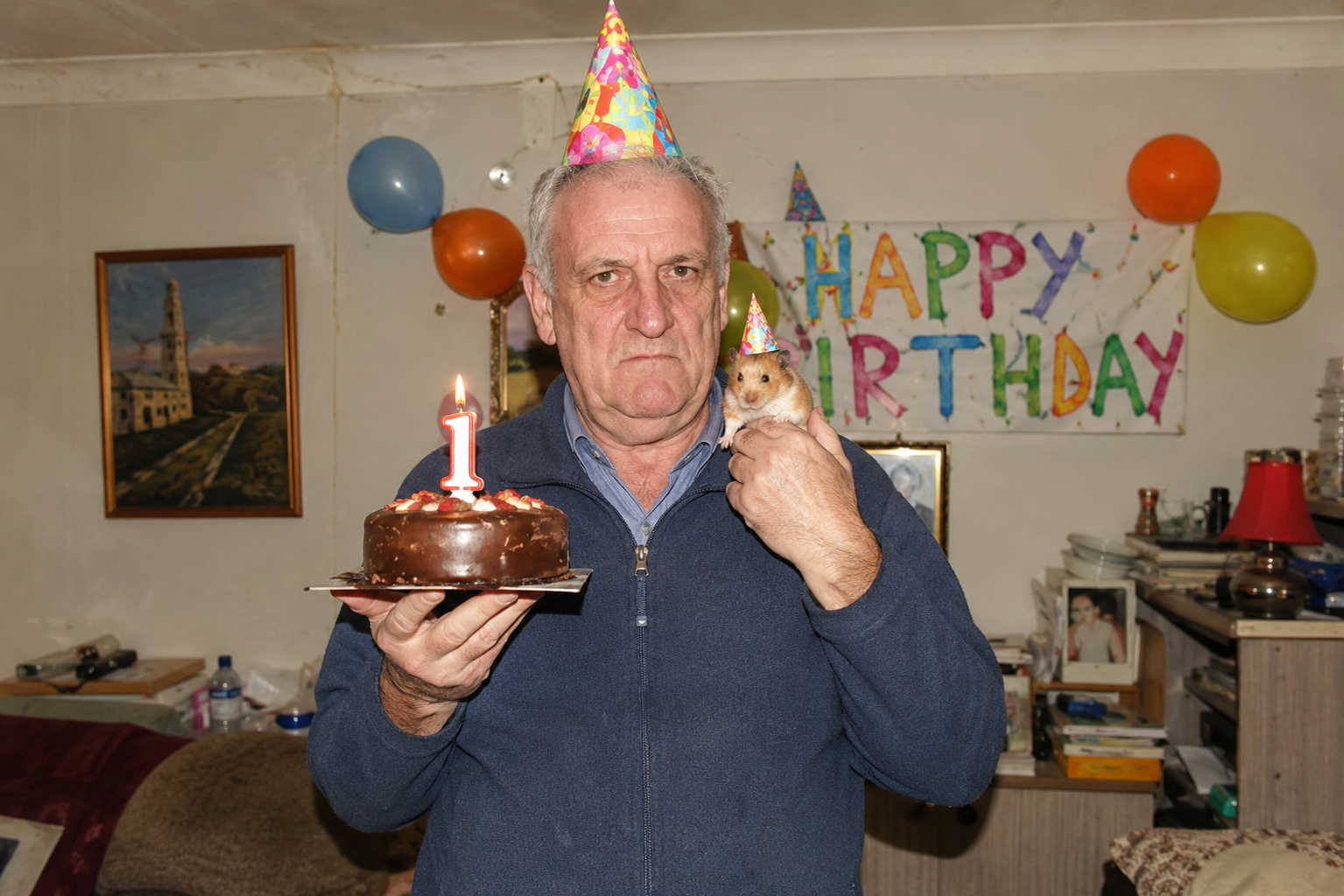 Gerry holding Brian the hamster and a birthday cake