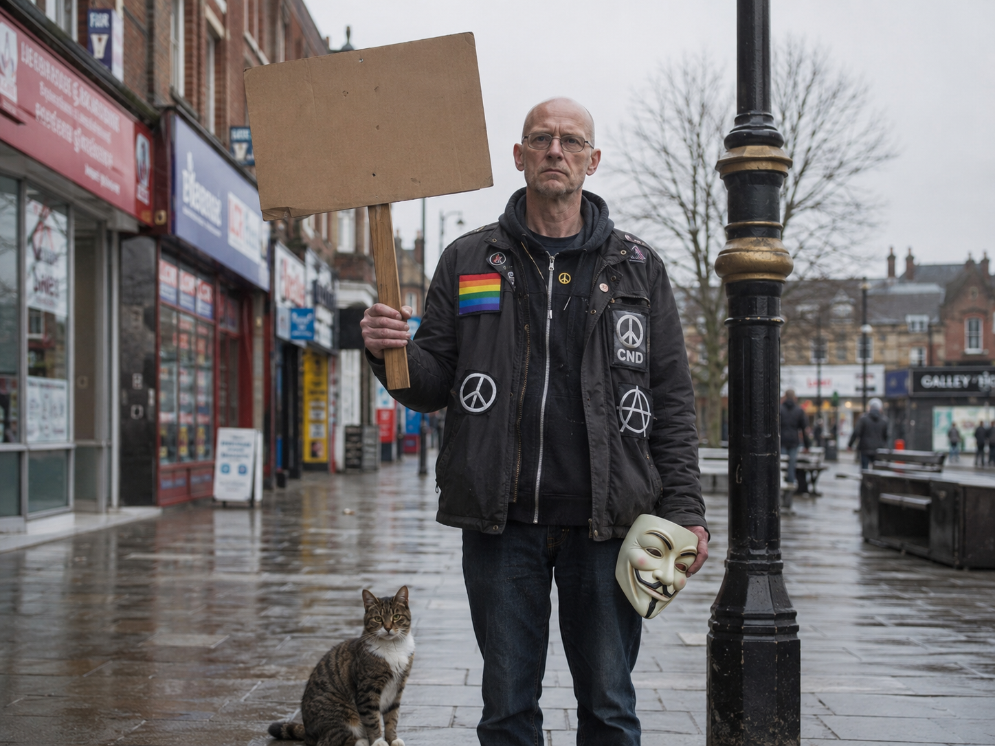 Tom Lonesome holding a protest placard