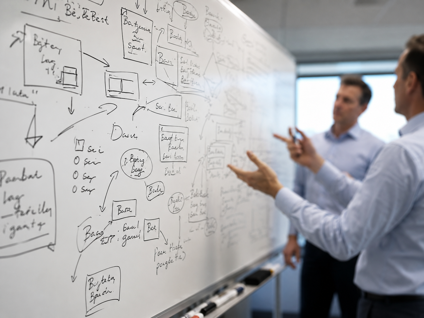 Whiteboard covered in planning notes for the module suite