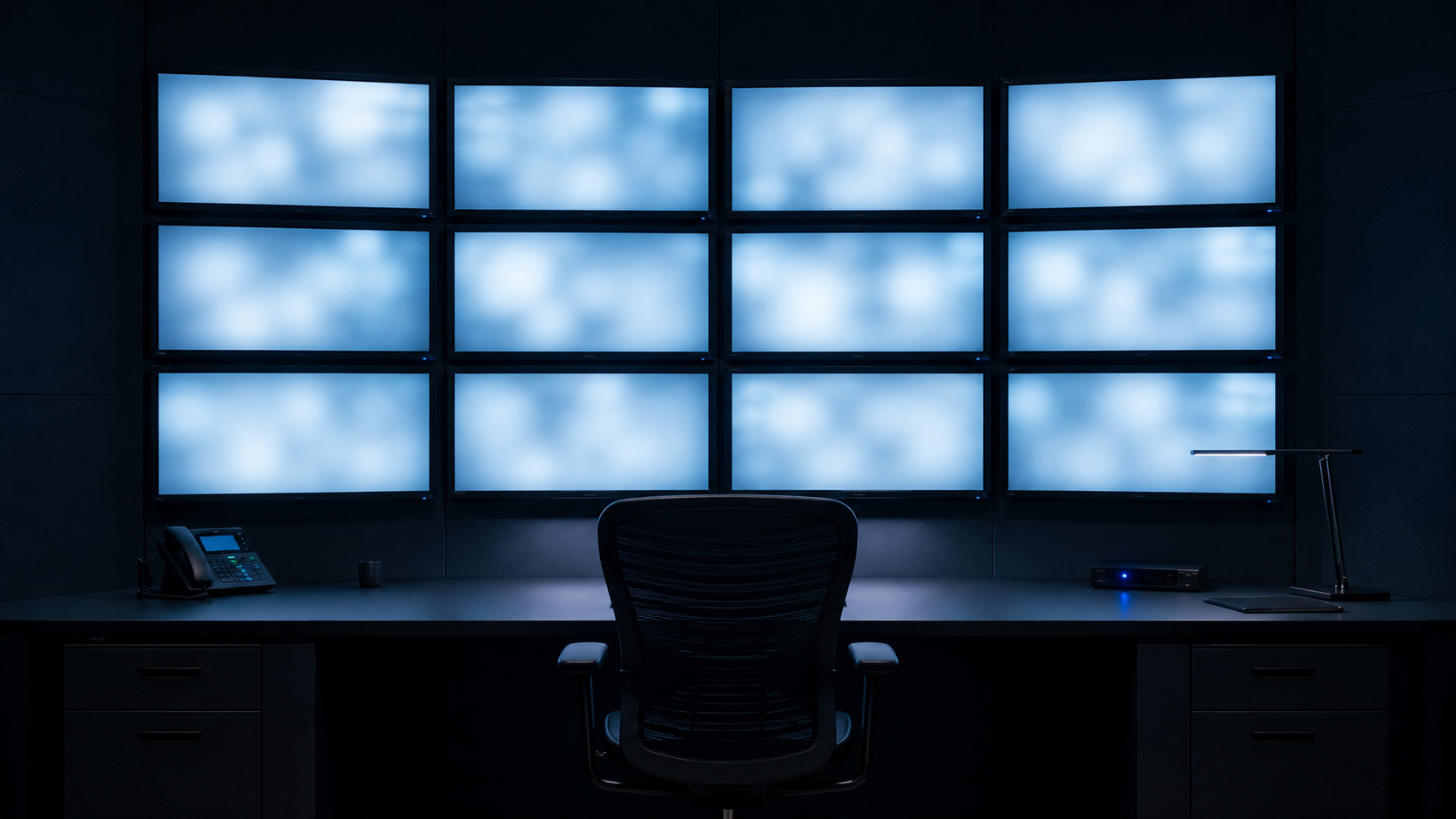 Empty surveillance control room with a wall of monitors