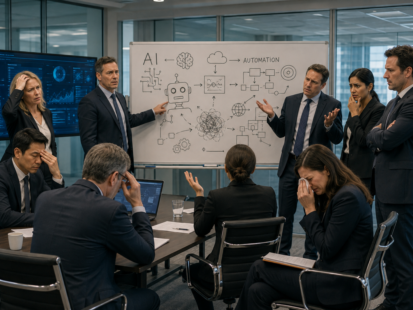 A corporate meeting room where several executives react with visible distress to a hand-drawn whiteboard diagram connecting AI, a robot, and the word Automation