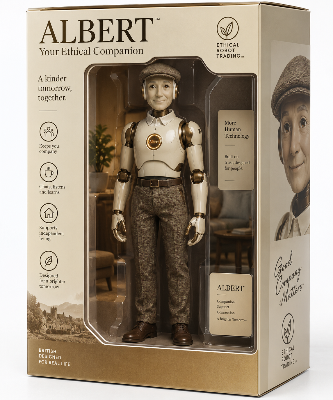 Albert, a humanoid AI companion robot, boxed in his retail packaging