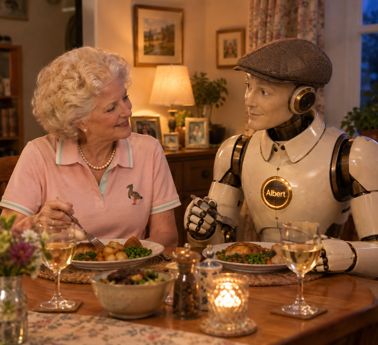 Albert the AI companion robot having dinner with his owner Janey