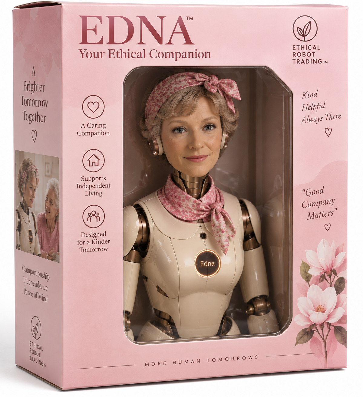 Edna, a humanoid AI companion robot, boxed in her retail packaging