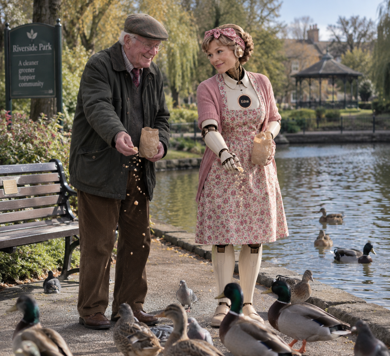 Edna the AI companion robot feeding ducks by a pond