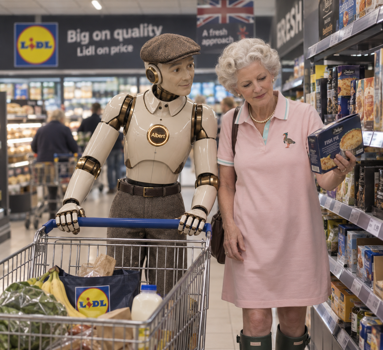 Albert the AI companion robot pushing a trolley with Janey around a Lidl supermarket